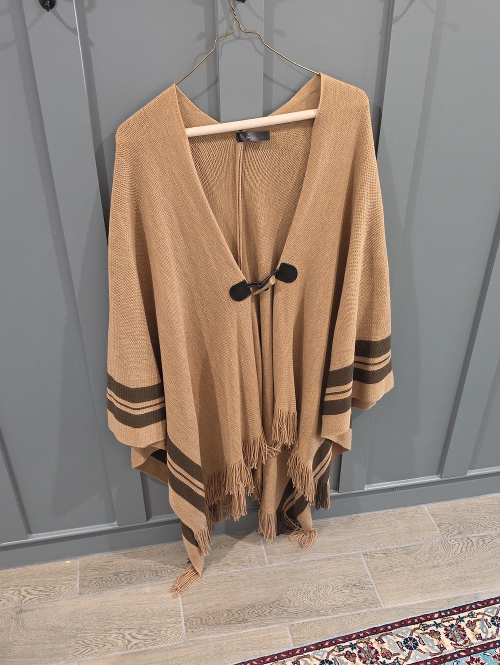 Lane Bryant Camel Poncho with Dark Brown Stripes